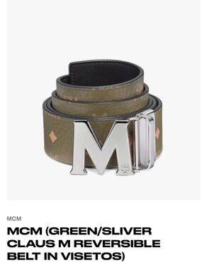 MCM Olive Visetos Belt with Silver M Buckle